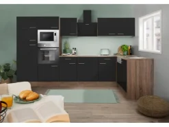 Best Winkelküche 340 cm Schwarz-Seidenglanz Eiche-York Winkelküchen|Kühlschränke