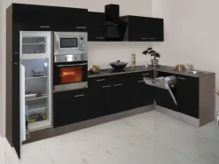 Best Winkelküche 340 cm Schwarz-Seidenglanz Eiche-York Winkelküchen|Kühlschränke