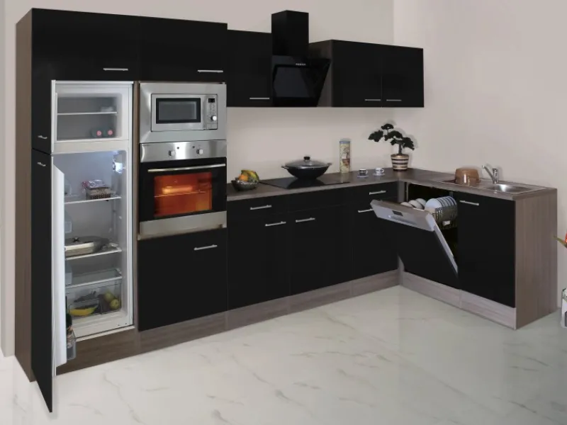 Best Winkelküche 340 cm Schwarz-Seidenglanz Eiche-York Winkelküchen|Kühlschränke