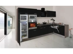 Best Winkelküche 340 cm Schwarz-Seidenglanz Eiche-York Winkelküchen|Kühlschränke