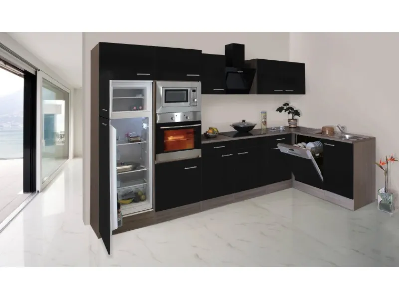 Best Winkelküche 340 cm Schwarz-Seidenglanz Eiche-York Winkelküchen|Kühlschränke
