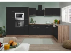 Sale Winkelküche 370 cm Schwarz Seidenglanz-Eiche York Nachbildung Winkelküchen|Einbauküchen