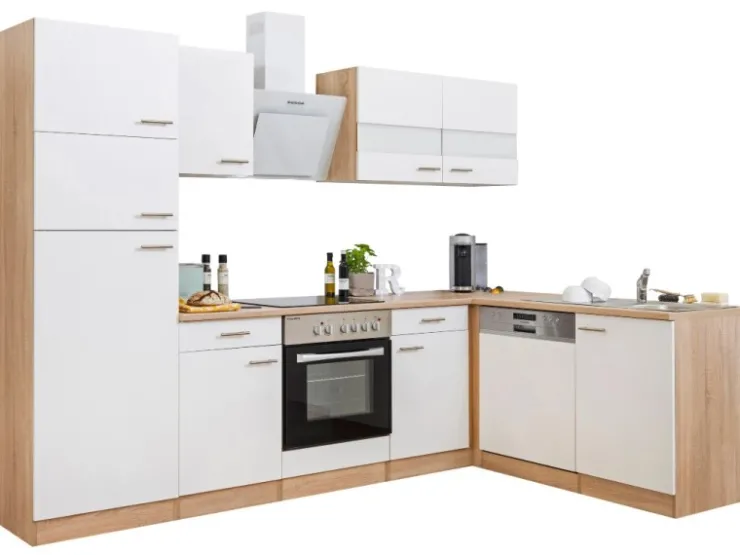 Respekta Winkelküchen|Kochfelder<Winkelküche KBL280ESWSC 280 cm -Eiche Sonoma Sägerau Nachbildung Weiß