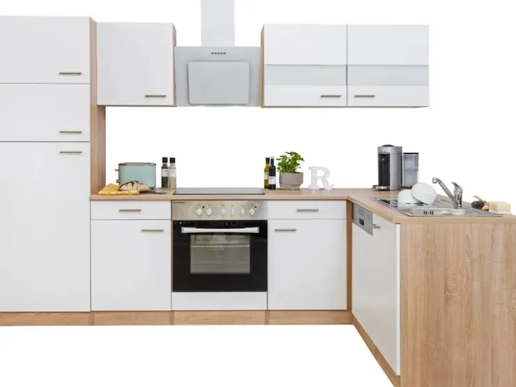 Respekta Winkelküchen|Kochfelder<Winkelküche KBL280ESWSC 280 cm -Eiche Sonoma Sägerau Nachbildung Weiß