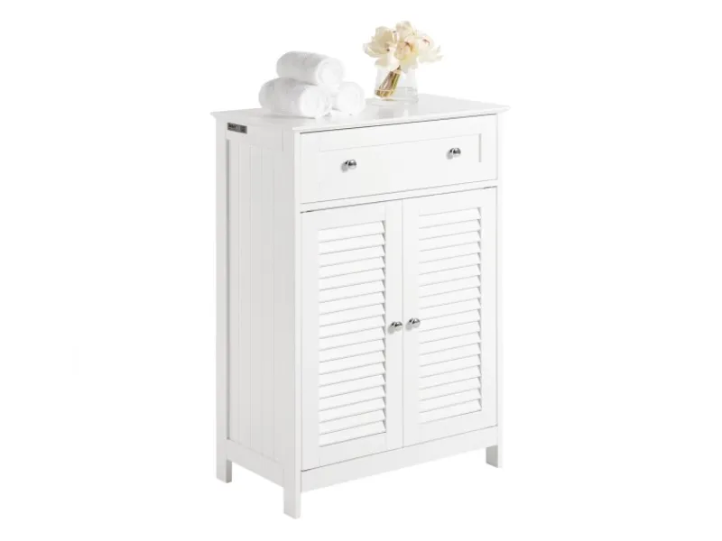 Online Badezimmerschrank Sideboard mit Schublade und Lamellentüren 60x87x35cm Weiß FRG238-W Küchenschränke