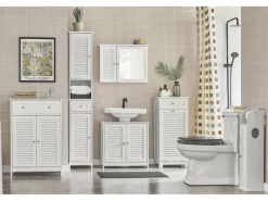 Online Badezimmerschrank Sideboard mit Schublade und Lamellentüren 60x87x35cm Weiß FRG238-W Küchenschränke