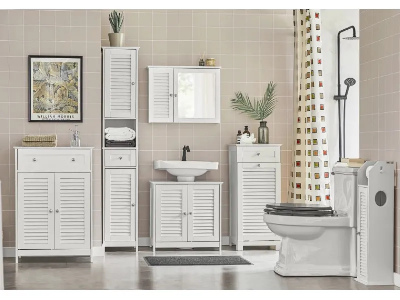 Online Badezimmerschrank Sideboard mit Schublade und Lamellentüren 60x87x35cm Weiß FRG238-W Küchenschränke
