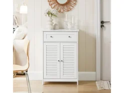 Online Badezimmerschrank Sideboard mit Schublade und Lamellentüren 60x87x35cm Weiß FRG238-W Küchenschränke