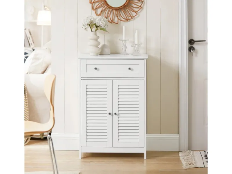 Online Badezimmerschrank Sideboard mit Schublade und Lamellentüren 60x87x35cm Weiß FRG238-W Küchenschränke