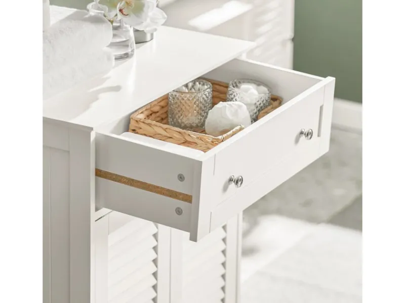 Online Badezimmerschrank Sideboard mit Schublade und Lamellentüren 60x87x35cm Weiß FRG238-W Küchenschränke