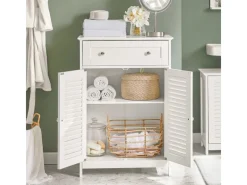 Online Badezimmerschrank Sideboard mit Schublade und Lamellentüren 60x87x35cm Weiß FRG238-W Küchenschränke