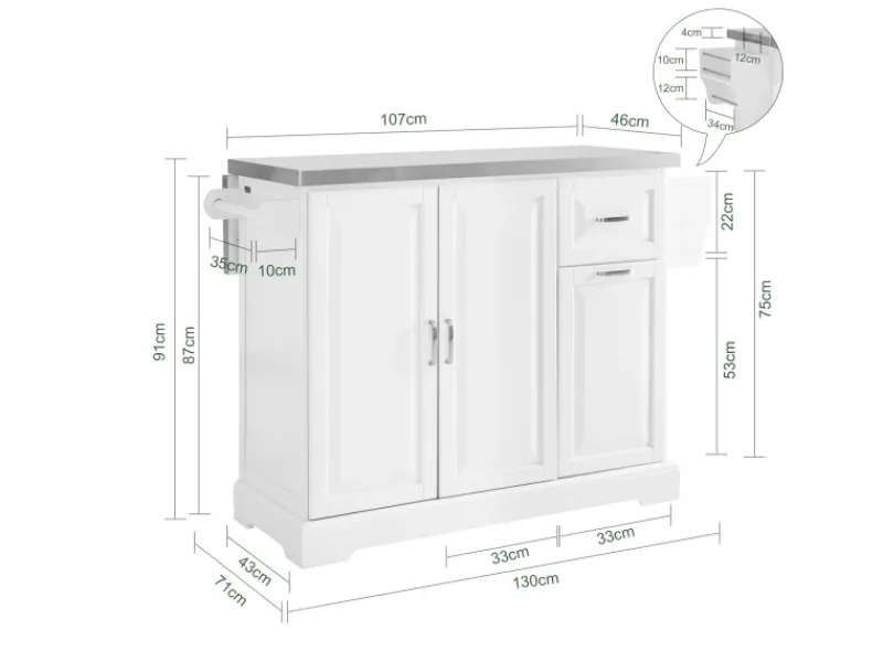 Best Kücheninsel Küchenwagen mit Ausziehbarer Edelstahlarbeitsplatte 130x91x71cm Weiß FKW128-ST Kücheninseln