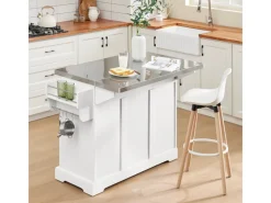 Best Kücheninsel Küchenwagen mit Ausziehbarer Edelstahlarbeitsplatte 130x91x71cm Weiß FKW128-ST Kücheninseln