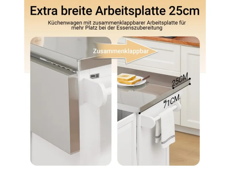 Best Kücheninsel Küchenwagen mit Ausziehbarer Edelstahlarbeitsplatte 130x91x71cm Weiß FKW128-ST Kücheninseln