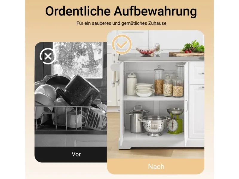 Best Kücheninsel Küchenwagen mit Ausziehbarer Edelstahlarbeitsplatte 130x91x71cm Weiß FKW128-ST Kücheninseln