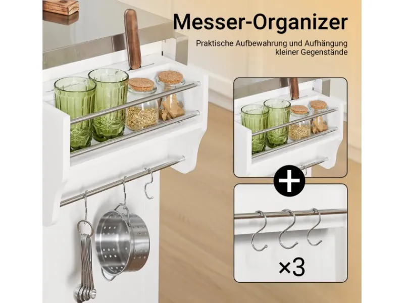Best Kücheninsel Küchenwagen mit Ausziehbarer Edelstahlarbeitsplatte 130x91x71cm Weiß FKW128-ST Kücheninseln