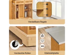 Online SoBuy Kücheninsel Küchenwagen mit Ausziehbarer Arbeitsplatte Bambus 107x92,5x71cm Natur FKW130-N