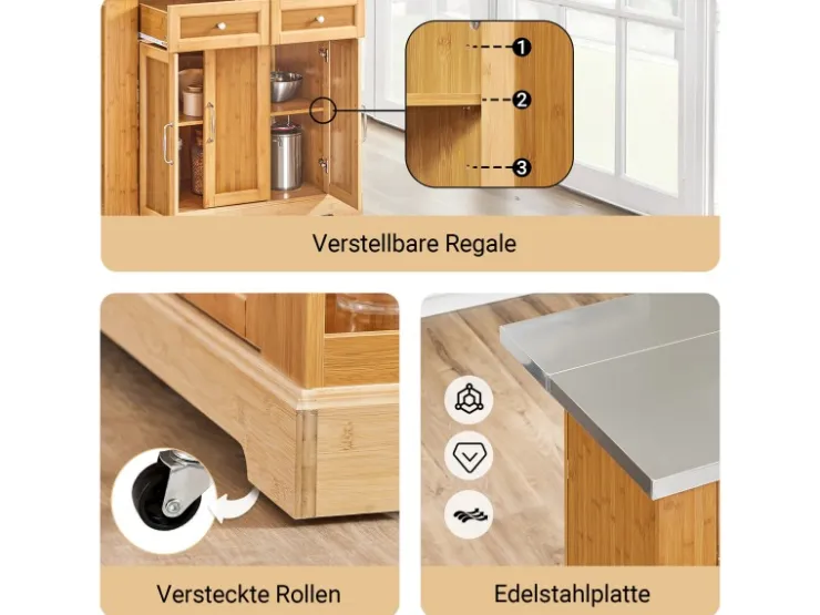 Online SoBuy Kücheninsel Küchenwagen mit Ausziehbarer Arbeitsplatte Bambus 107x92,5x71cm Natur FKW130-N
