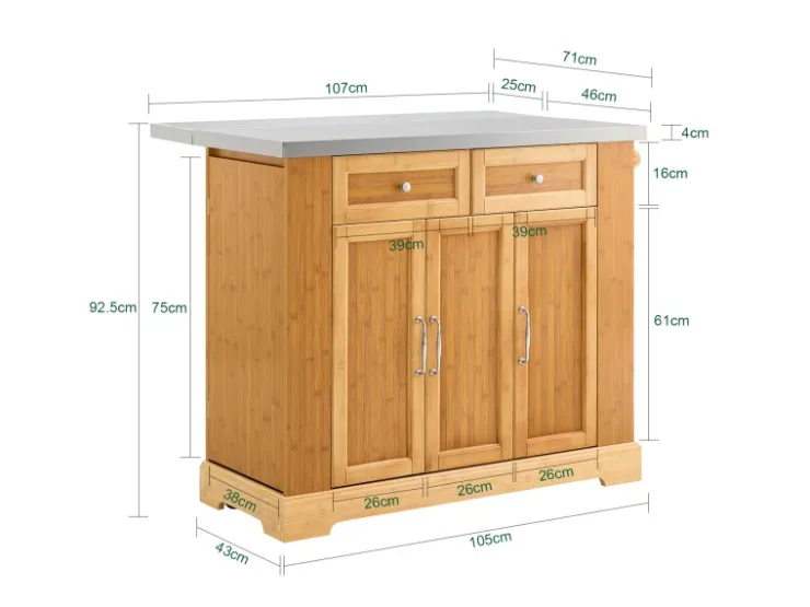 Online SoBuy Kücheninsel Küchenwagen mit Ausziehbarer Arbeitsplatte Bambus 107x92,5x71cm Natur FKW130-N