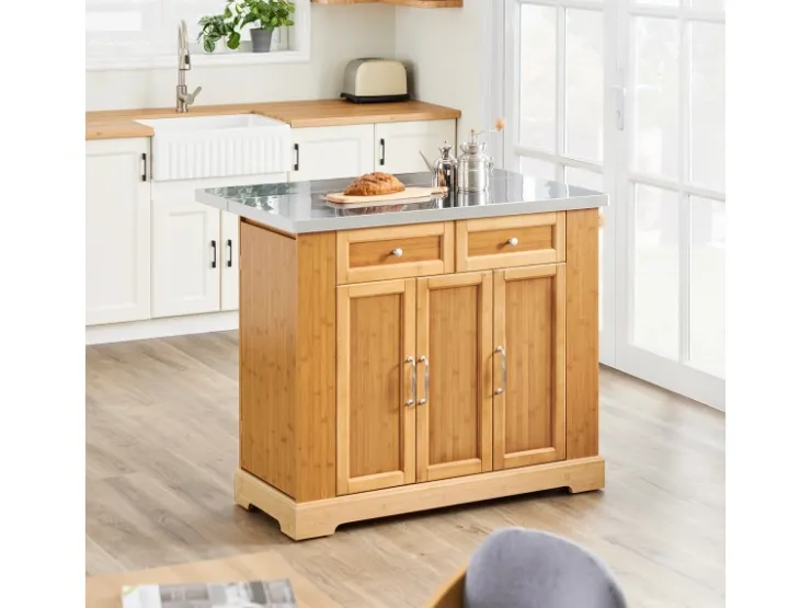 Online SoBuy Kücheninsel Küchenwagen mit Ausziehbarer Arbeitsplatte Bambus 107x92,5x71cm Natur FKW130-N