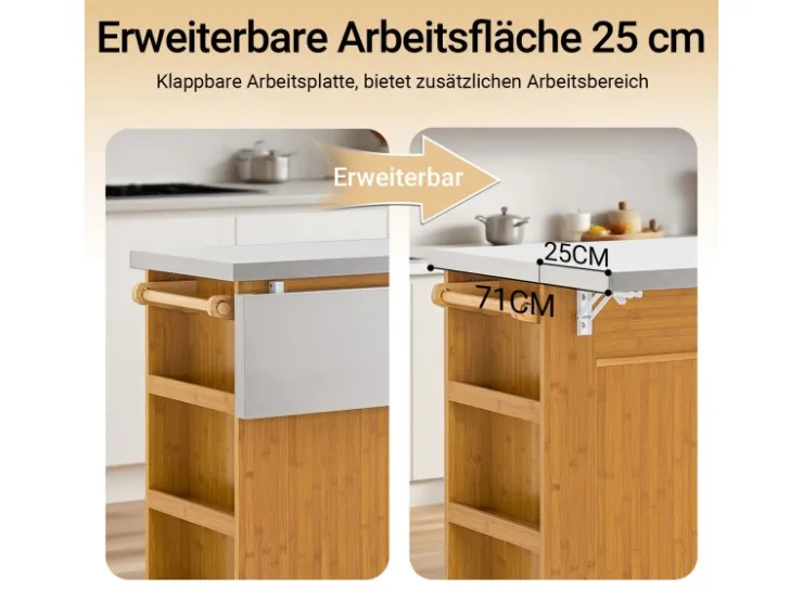 Online SoBuy Kücheninsel Küchenwagen mit Ausziehbarer Arbeitsplatte Bambus 107x92,5x71cm Natur FKW130-N