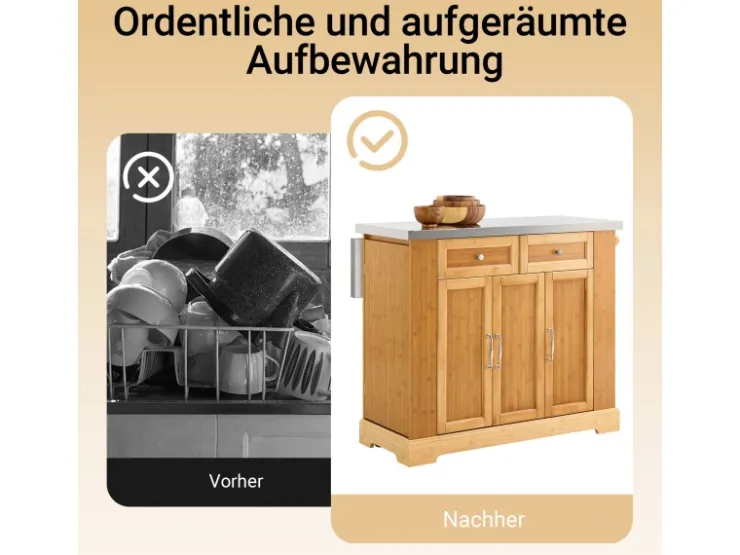 Online SoBuy Kücheninsel Küchenwagen mit Ausziehbarer Arbeitsplatte Bambus 107x92,5x71cm Natur FKW130-N