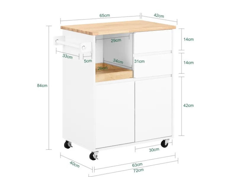 Best Küchenwagen mit Arbeitsplatte Servierwagen Weiß 72x84x40cm FKW123-WN Servierwagen|Küchenschränke