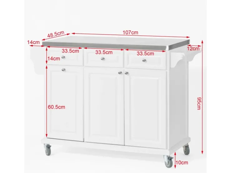 Hot SoBuy Küchenwagen mit Edelstahltop Küchenschrank Rollwagen Weiß FKW33-W