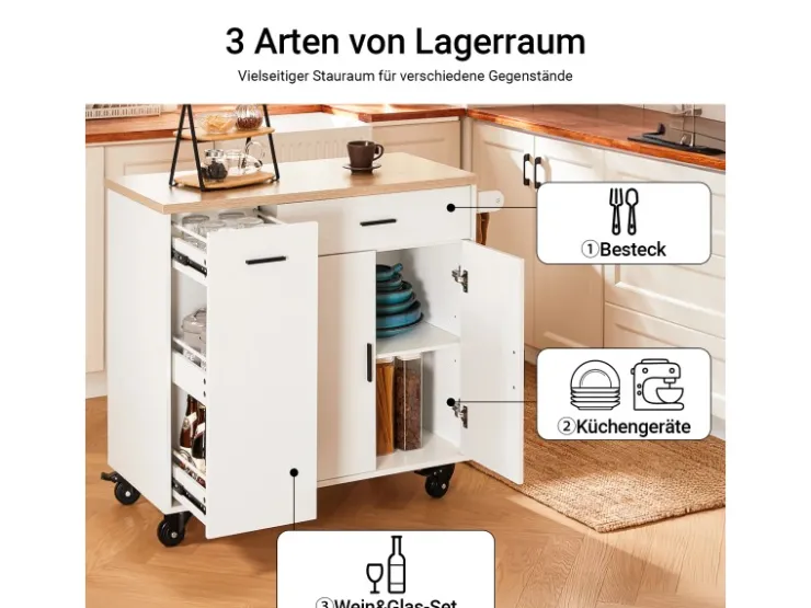 SoBuy Kücheninseln|Servierwagen<Küchenwagen mit Gewürzregal Sideboard Küchenschrank 105x92x46cm Weiß-Natur FKW126-WN