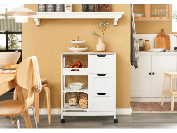 SoBuy Servierwagen|Küchenregale<Servierwagen Küchenwagen mit 2 Ablagen und 1 Tablett Küchenregal 67x84x37cm Weiß FKW79-W
