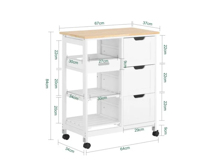 SoBuy Servierwagen|Küchenregale<Servierwagen Küchenwagen mit 2 Ablagen und 1 Tablett Küchenregal 67x84x37cm Weiß FKW79-W