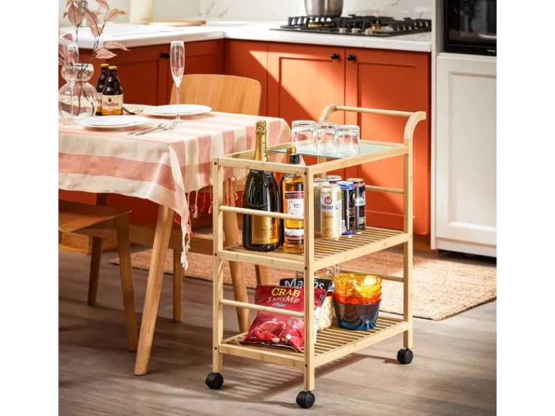 New Servierwagen mit Rollen Küchenwagen Küchenregal Natur 65x80x35cm SVW24-N Servierwagen|Küchenregale