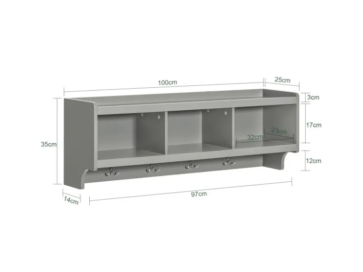 Hot SoBuy Wandgarderobe mit 3 Körben und 4 Haken MDF Grau FHK28-HG