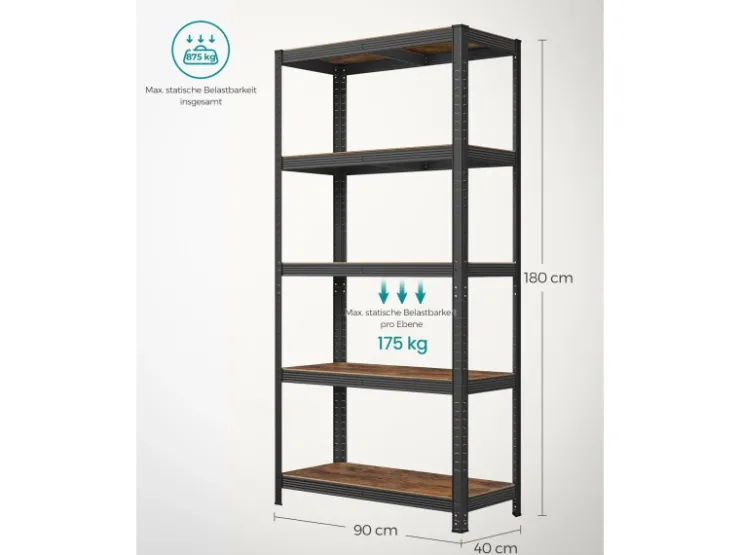 Songmics Küchenregale<Lagerregal 40 cm x 90 cm x 180 cm Braun-Schwarz