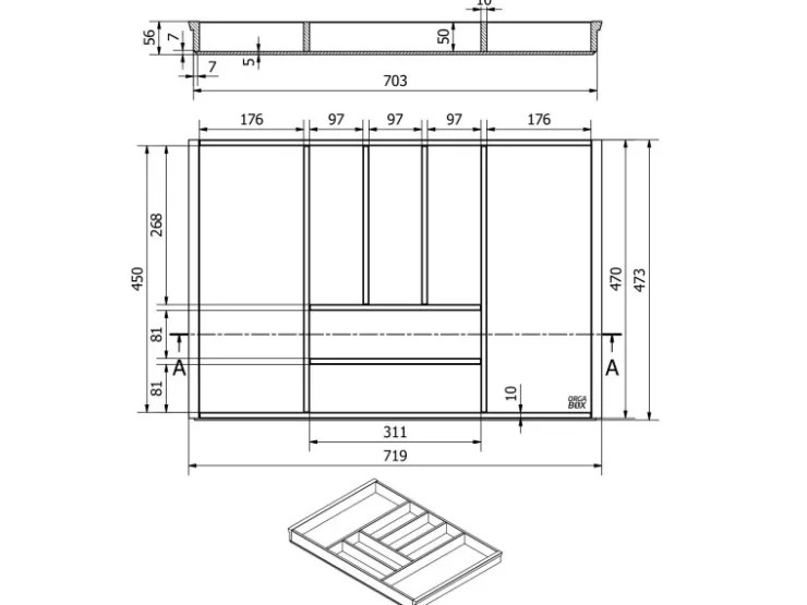 Clearance SOTECH Orga-Box-1 Bambus Besteckeinsatz 7 Fächer Für Blum Tandembox Antaro Schubladen 719x473x56 mm im 80er Schrank