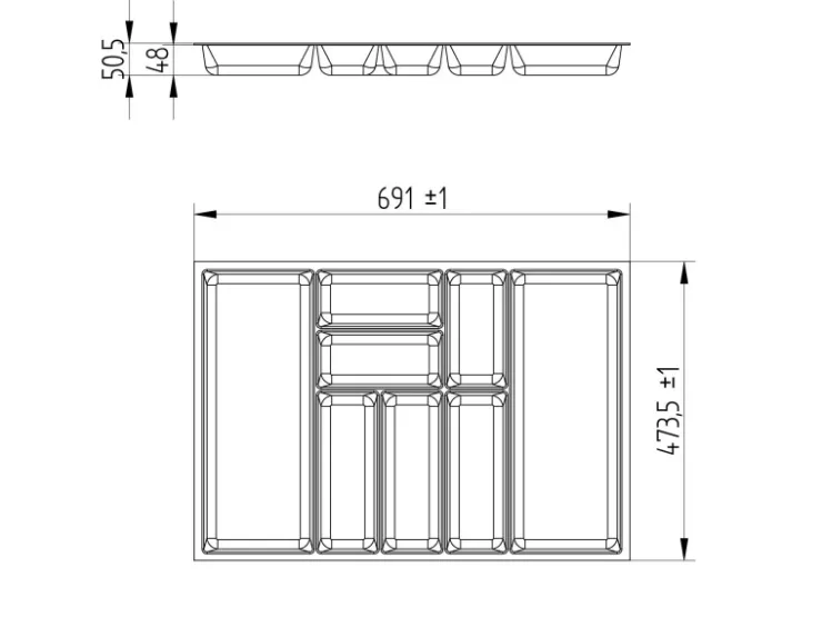 SOTECH Besteckkästen<ORGA-BOX-3 Besteckeinsätze Tiefe 473 mm Höhe 50,5 mm Schubladeneinsätze Breite 691 mm Silbergrau