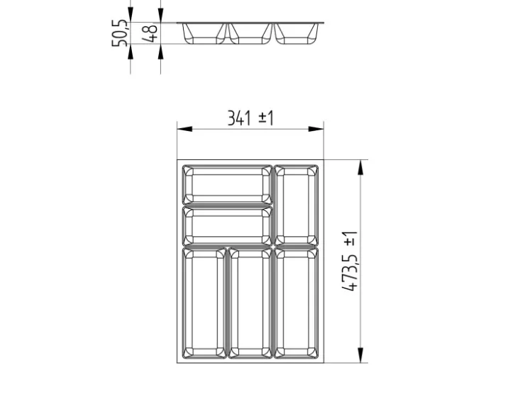 SOTECH ORGA-BOX-3 Besteckeinsätze Tiefe 473 mm Höhe 50,5 mm Schubladeneinsätze Breite 341 mm Silbergrau