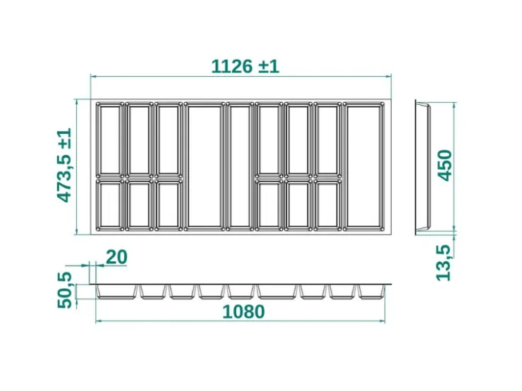 SOTECH Besteckkästen<ORGA-BOX IV UNIVERSAL Besteckeinsatz 1200 mm Höhe 53 mm Schubkasteneinsatz Besteckeinteilung