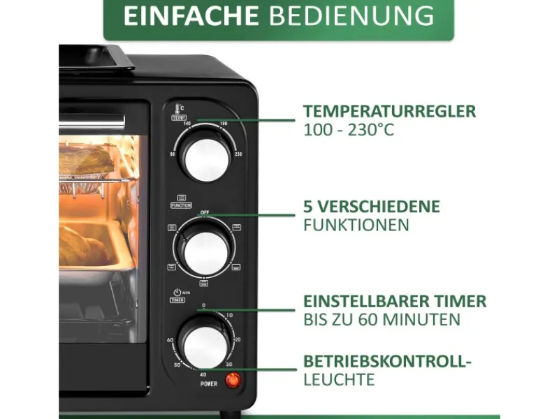 Hot SB-3001 3in1 Minibackofen mit Umluft 20 Liter 1300 Watt Schwarz Haushaltsgeräte