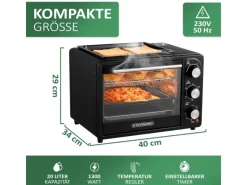 Hot SB-3001 3in1 Minibackofen mit Umluft 20 Liter 1300 Watt Schwarz Haushaltsgeräte