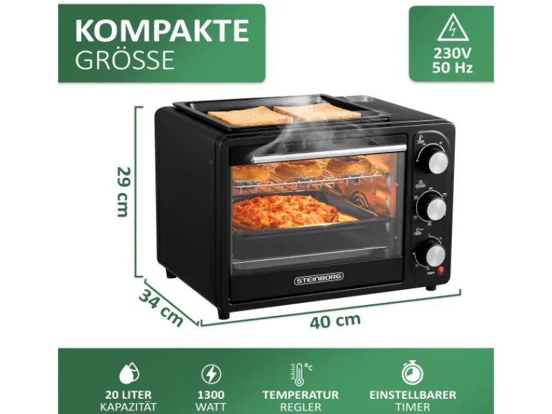 Hot SB-3001 3in1 Minibackofen mit Umluft 20 Liter 1300 Watt Schwarz Haushaltsgeräte