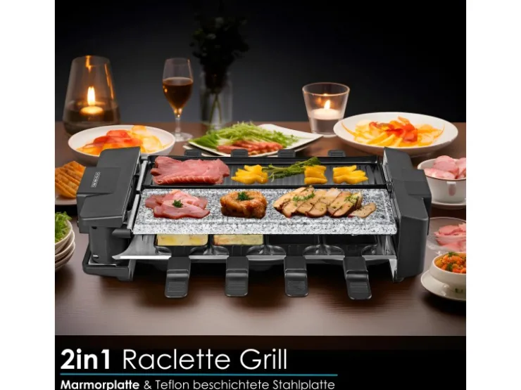 Discount STEINBORG SB-2220 Raclette Grill für 8 Personen mit Teilbarer Kombinierter Grillfläche 1500 Watt