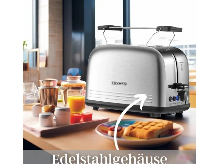 STEINBORG Haushaltsgeräte<SB-2071 2 Scheiben Edelstahl Toaster mit Brötchenaufsatz 850 Watt