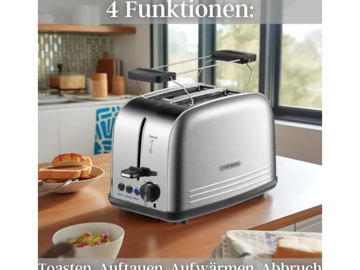 STEINBORG Haushaltsgeräte<SB-2071 2 Scheiben Edelstahl Toaster mit Brötchenaufsatz 850 Watt