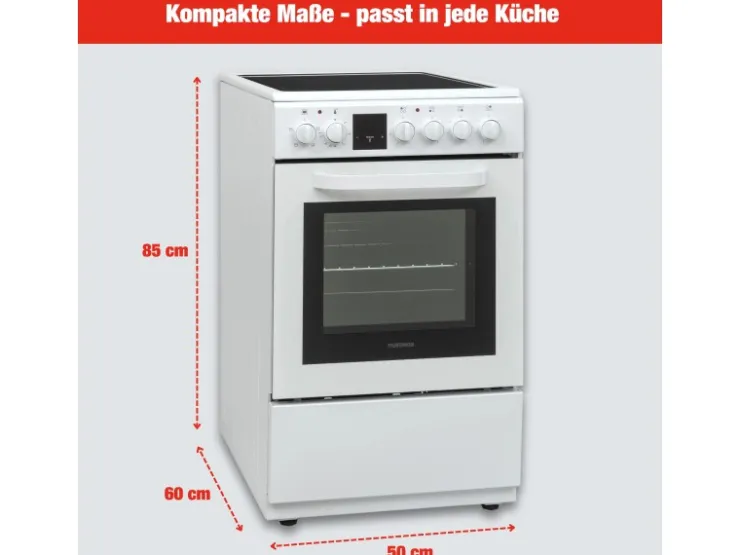 New Telefunken Standherd mit Glaskeramik-Kochfeld Elektroherd Freistehend 50 cm Breit Herd mit Backofen und Kochfeld