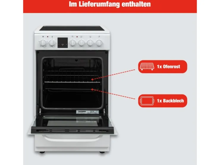 New Telefunken Standherd mit Glaskeramik-Kochfeld Elektroherd Freistehend 50 cm Breit Herd mit Backofen und Kochfeld