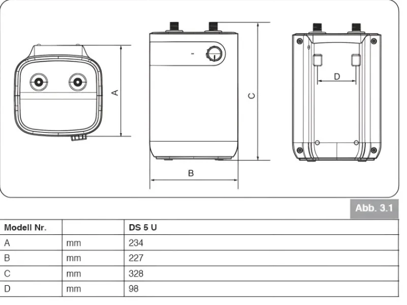 Obertischspeicher druckfest 15 Liter DS15O Warmwasserspeicher