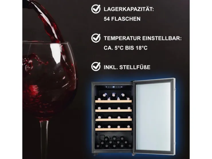 Best Tronitechnik Weinkühlschrank Getraenkekühlschrank 126 Liter 63 Flaschen Wein Kühlschrank Edelstahl-Optik Mit Led