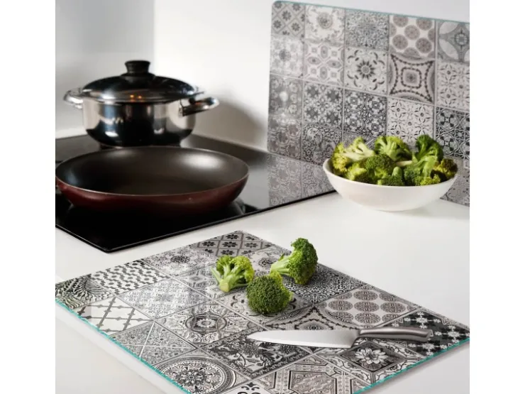 Outlet Tulup Herdabdeckplatte SET aus 2 Stück 40x52 cm Schneidebrett Glas Schutzplatte Küchenutensilien Keramikfliesen Grau