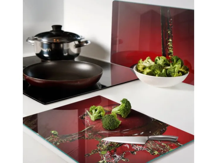 Best Tulup Herdabdeckplatte SET aus 2 Stück 40x52 cm Schneidebrett Glas Schutzplatte Küchenutensilien Apfel und Wasser Rot